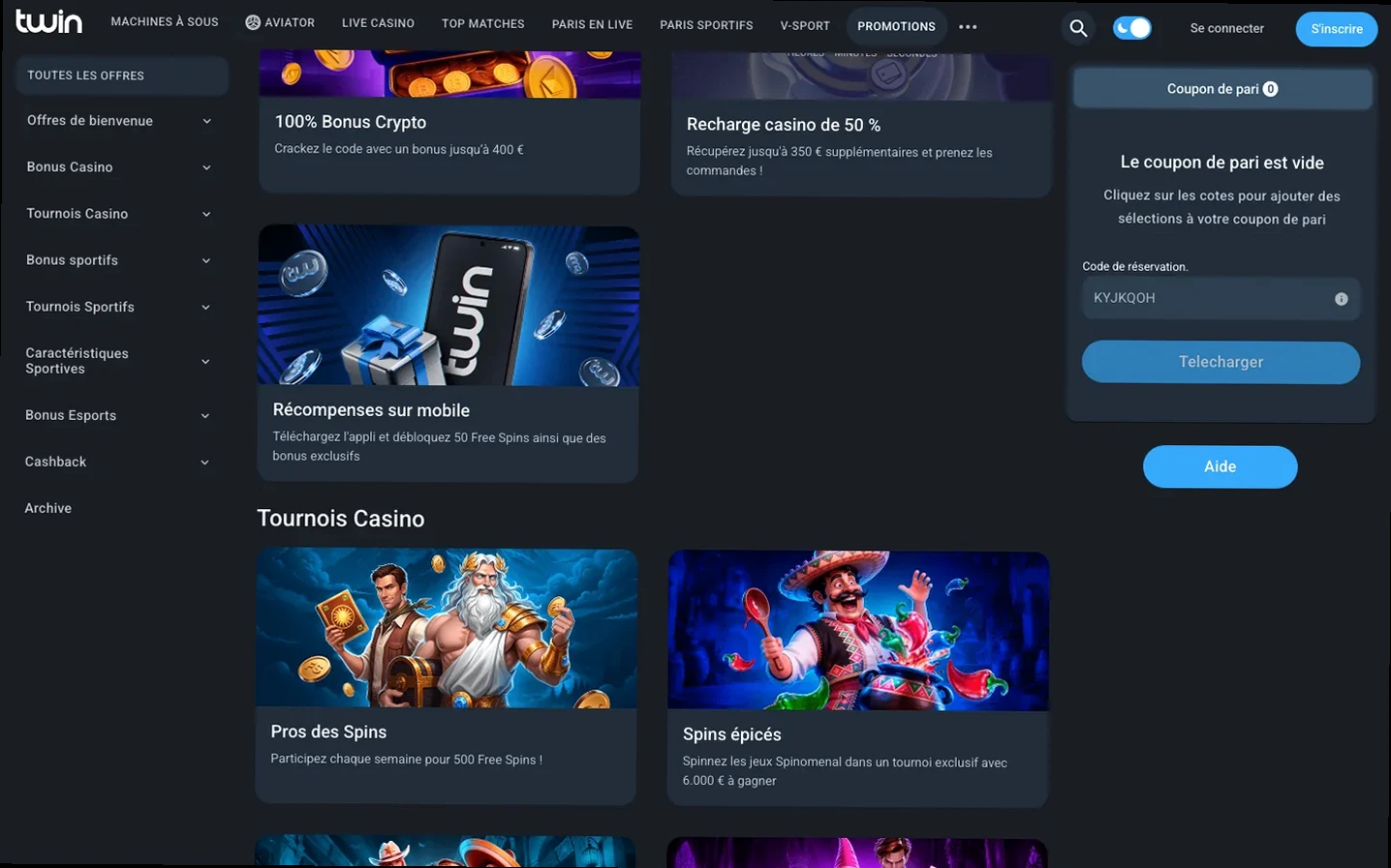 Page Promotions de Twin : bonus crypto, recharge casino, Récompenses sur mobile et Tournois Casino.
