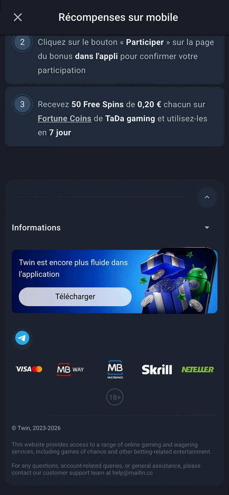 Écran mobile Récompenses sur mobile : étapes pour obtenir 50 Free Spins sur Fortune Coins via l’appli.
