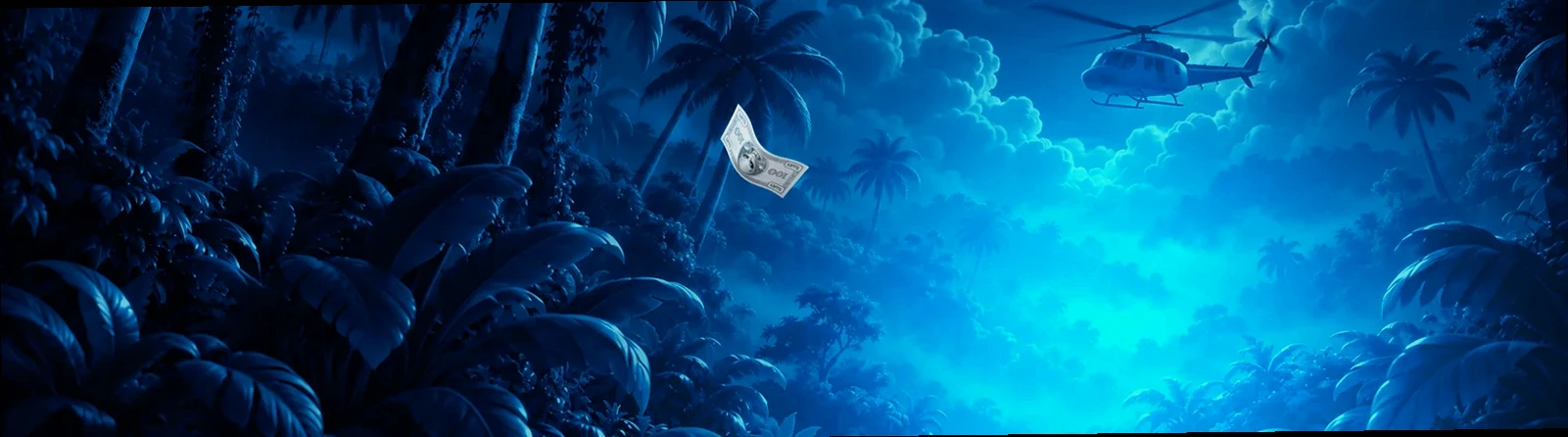 Illustration d’une jungle bleutée sous un ciel nuageux, survolée par un hélicoptère, avec un billet emporté par le vent.