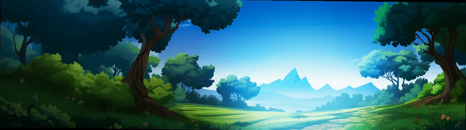 Illustration d’une clairière verdoyante bordée de grands arbres, avec des montagnes bleues à l’horizon.