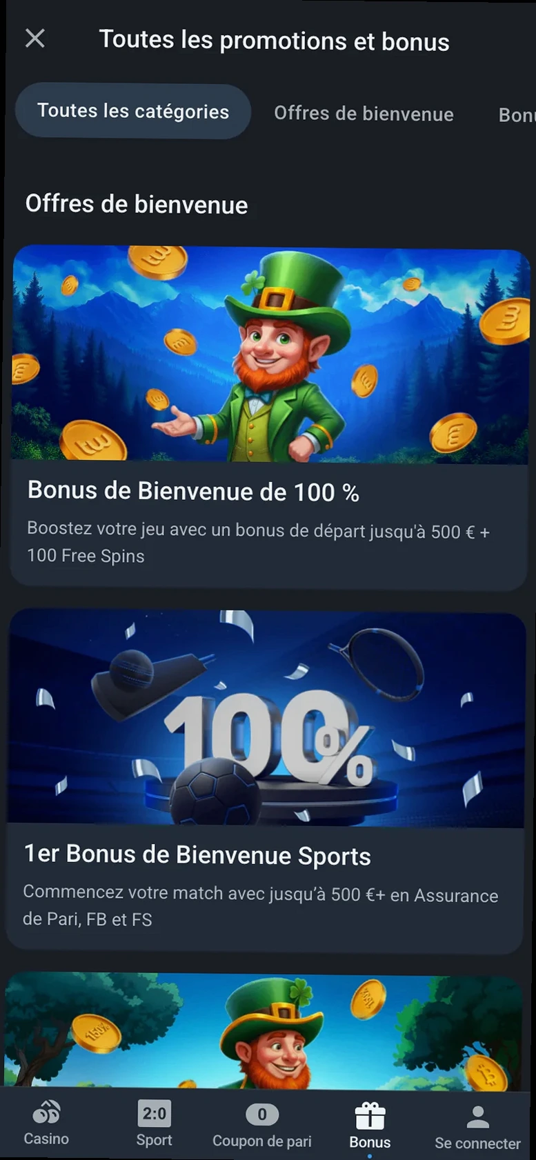 Offres de bienvenue de Twin sur mobile : Bonus de Bienvenue de 100 % jusqu’à 500 € + 100 Free Spins et 1er Bonus Sports.
