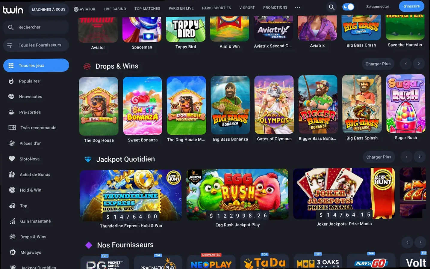 Jeux instantanés du lobby Twin, dont Aviator, Spaceman et Aviatrix, suivis des rubriques Drops & Wins et Jackpot Quotidien.