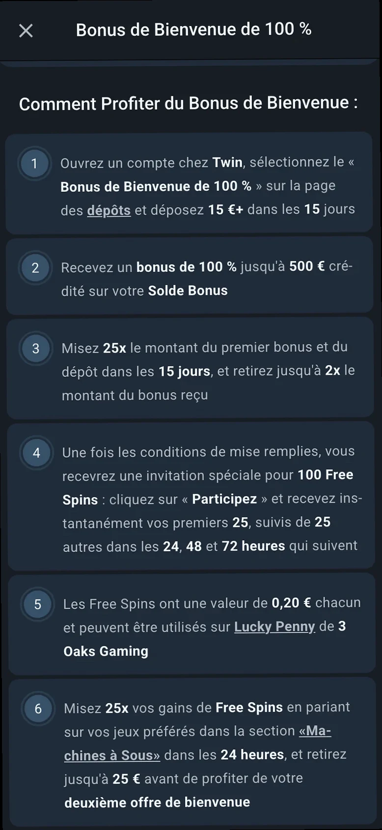 Écran mobile du Bonus de Bienvenue : dépôt dès 15 €, bonus de 100 % jusqu’à 500 €, mise 25x, puis 100 Free Spins.