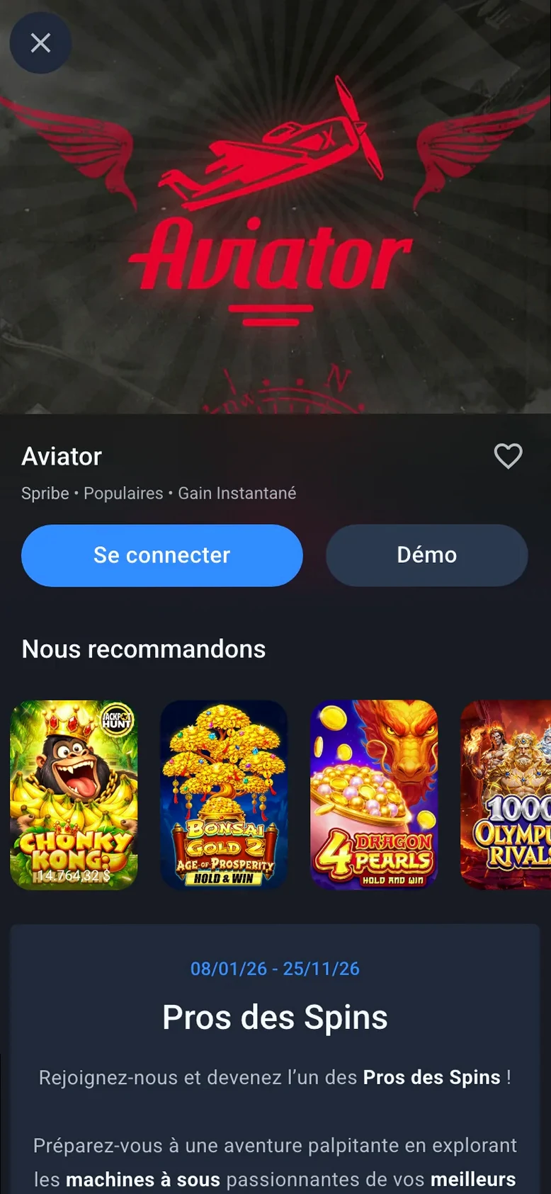 Fiche du jeu Aviator de Spribe sur mobile chez Twin, avec les boutons Se connecter et Démo et des suggestions de jeux.