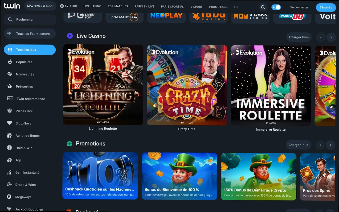 Rangée Live Casino de Twin avec Lightning Roulette, Crazy Time et Immersive Roulette d’Evolution, au-dessus des promotions.