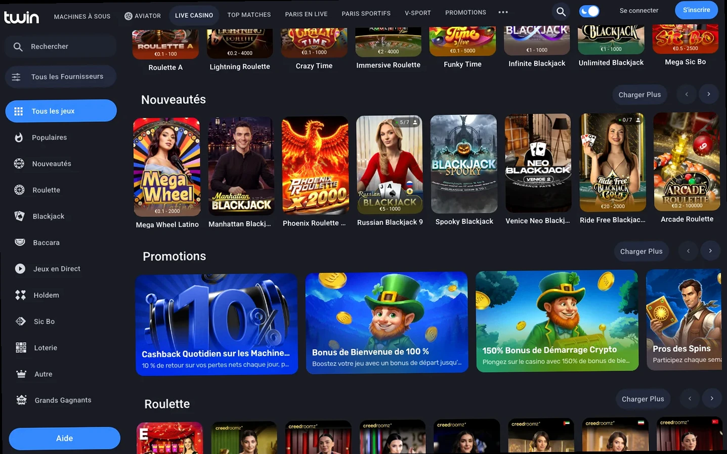 Lobby live de Twin : nouveautés comme Mega Wheel et Phoenix Roulette, puis une rangée de promotions avec cashback et bonus de bienvenue.