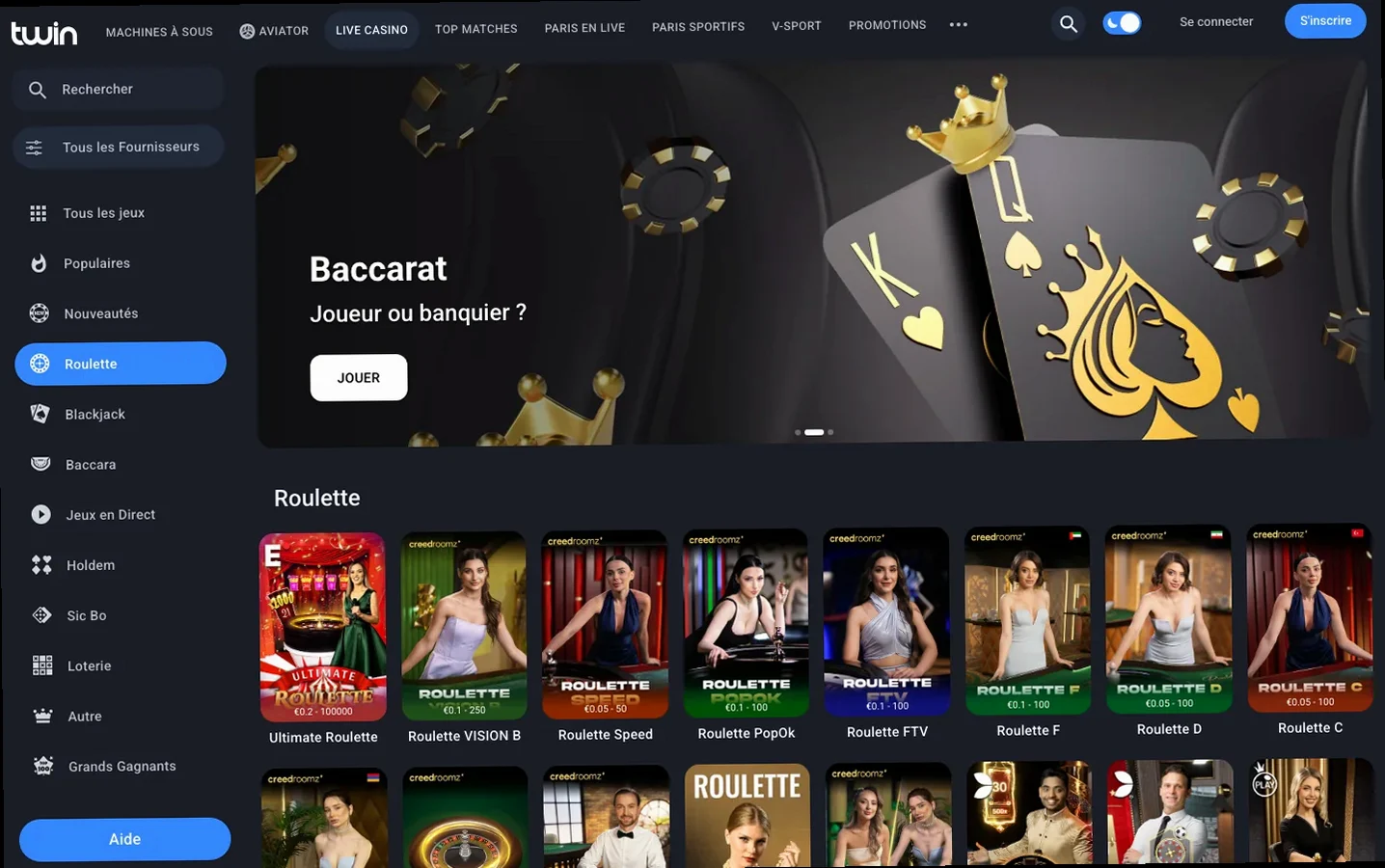 Section Roulette du casino live de Twin, bannière Baccarat « Joueur ou banquier ? » et tables de roulette en direct.
