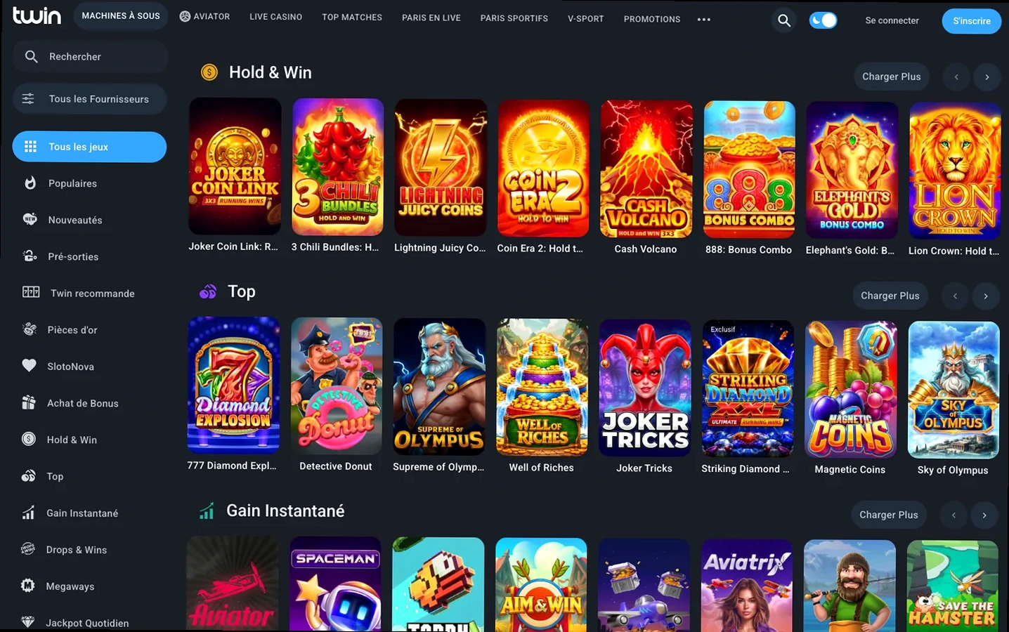 Rubriques Hold & Win, Top et Gain Instantané du lobby Twin, avec Joker Coin Link et 777 Diamond Explosion.