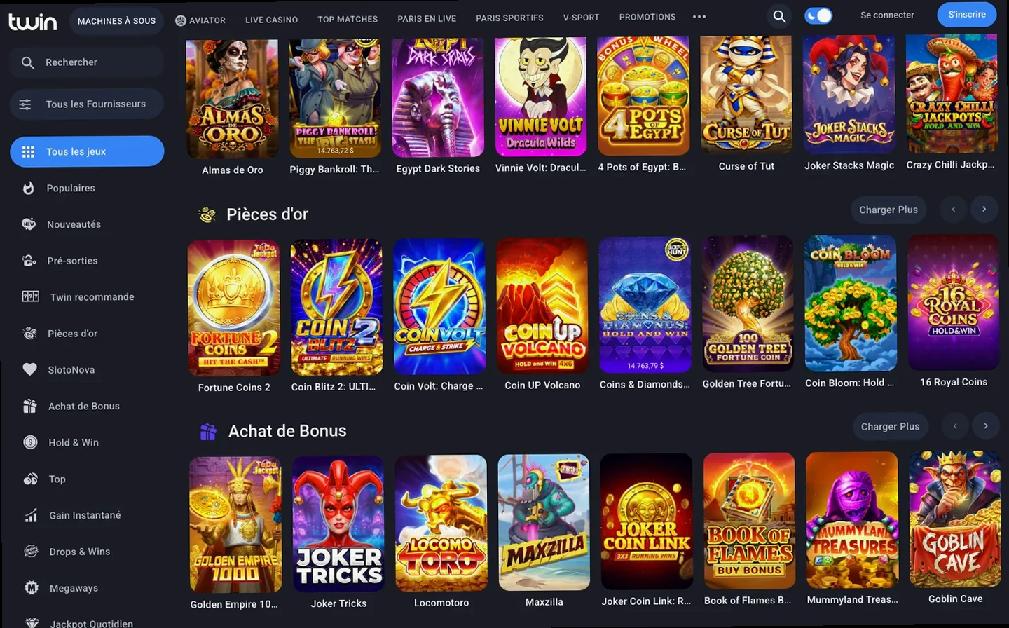 Rubriques Pièces d’or et Achat de Bonus du lobby Twin, dont Fortune Coins 2, Coin Volt et Book of Flames.