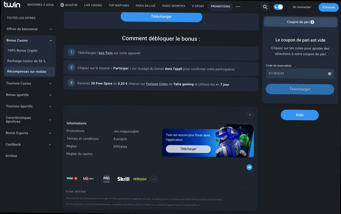 Page Récompenses sur mobile de Twin : télécharger l’appli, cliquer sur « Participer », recevoir 50 Free Spins sur Fortune Coins.