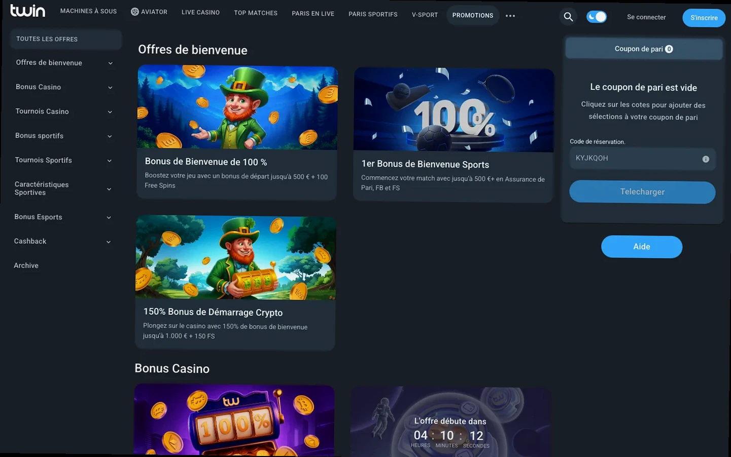 Page Promotions de Twin, rubrique Offres de bienvenue : Bonus de Bienvenue de 100 %, 1er Bonus Sports et bonus crypto.
