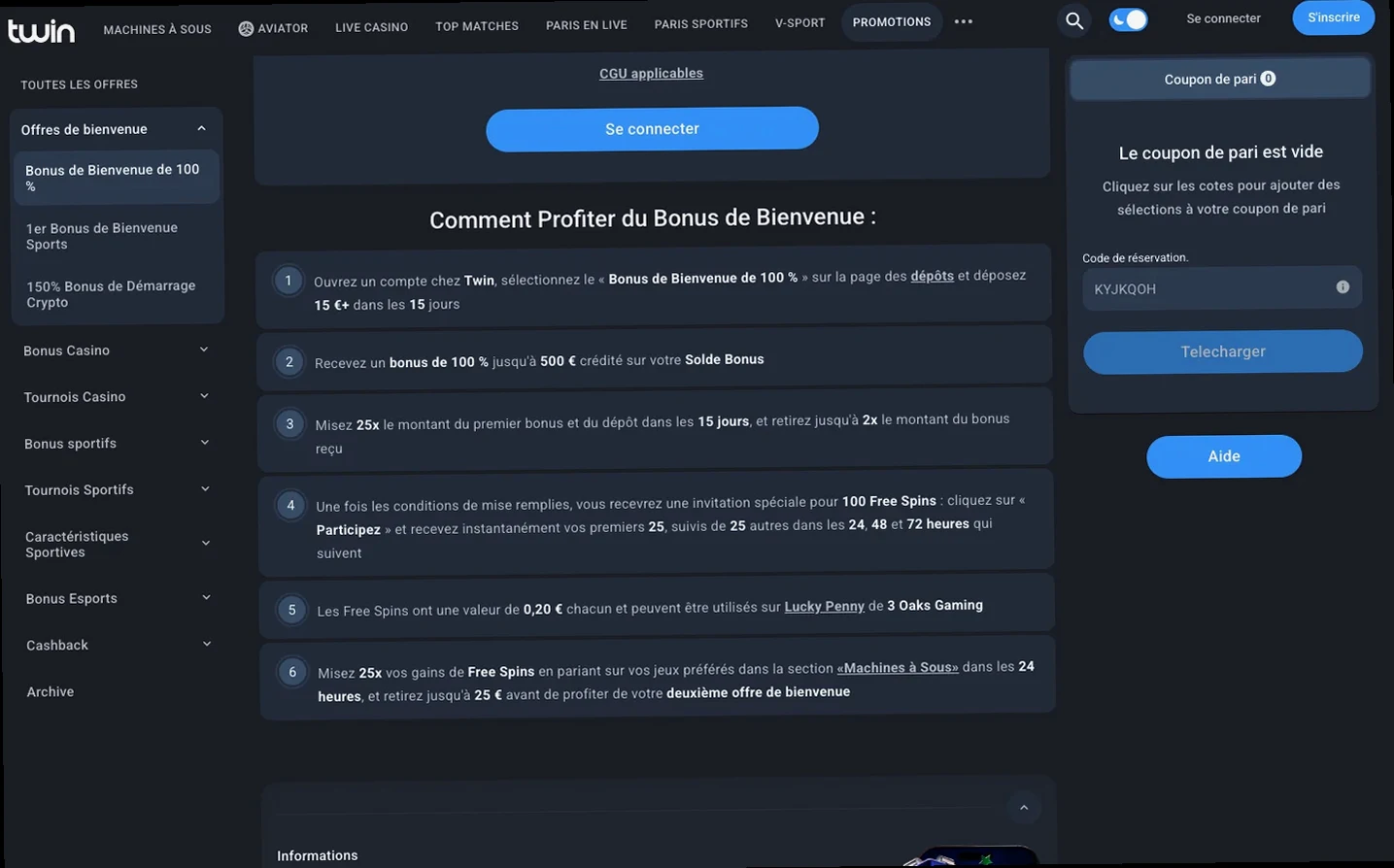 Étapes du Bonus de Bienvenue de 100 % : dépôt de 15 € minimum, bonus jusqu’à 500 €, mise 25x en 15 jours, puis 100 Free Spins.